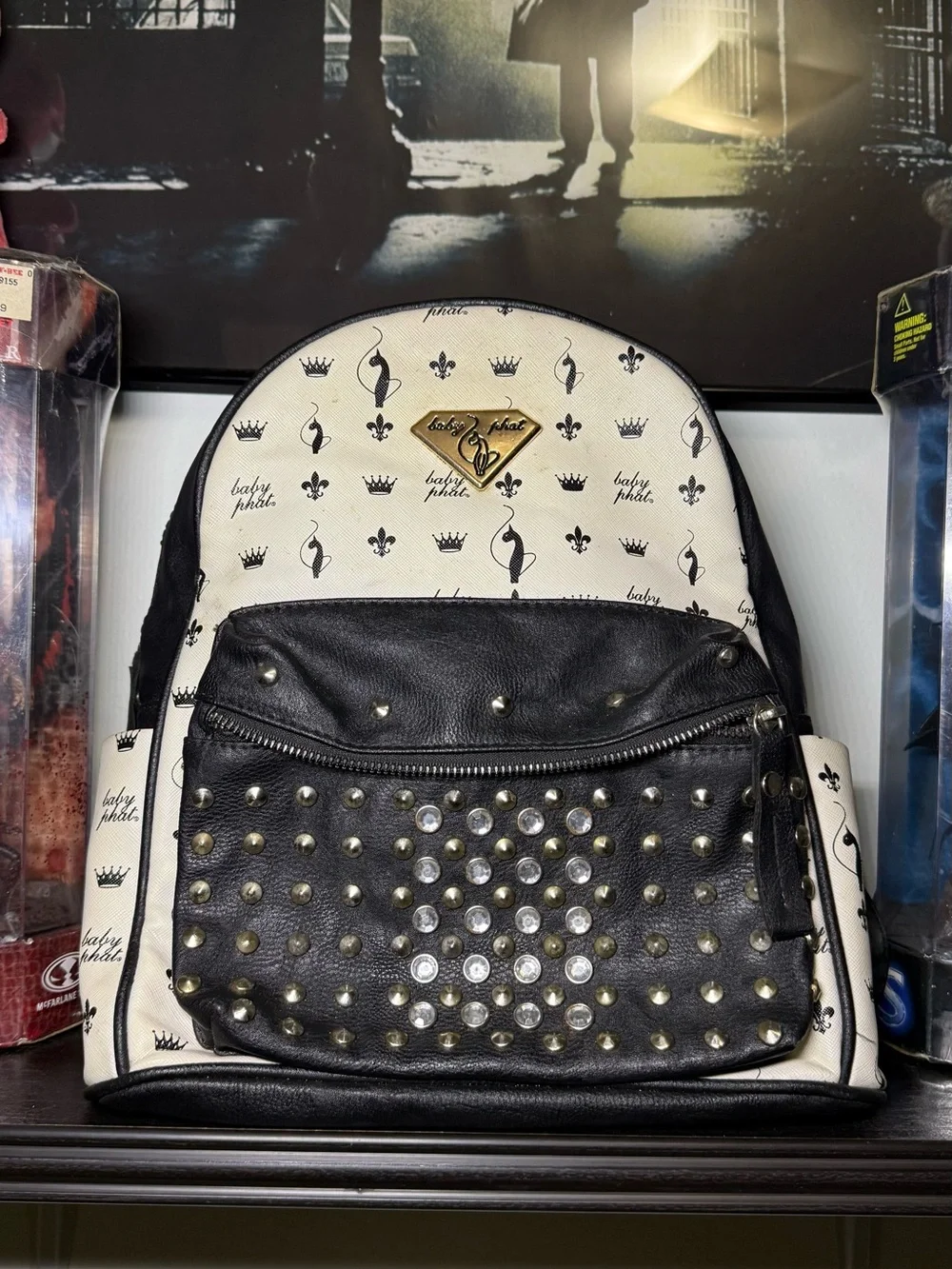 Y2K 2000s Baby Phat Black & White Studded Backpack All Over Print Backpack